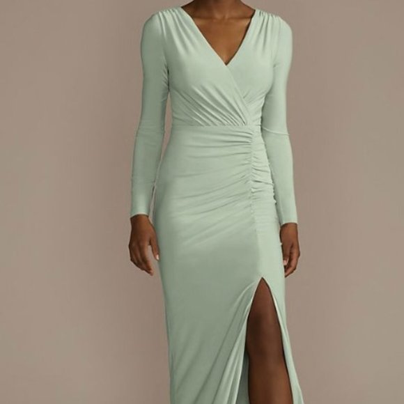 DB Studio Long Sleeve Ruched Jersey Sheath Bridesmaid Dress - Picture 2 of 2